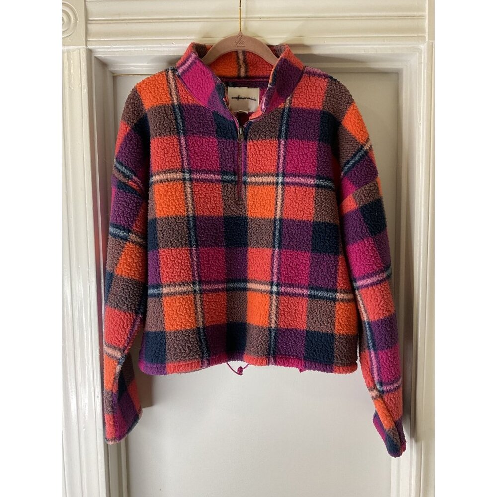 American Eagle Outfitters Cropped Plaid Sherpa Fleece Quarter Zip Sweater Size L